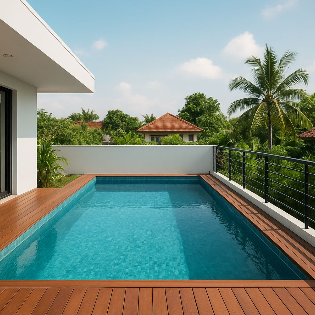 5. Desain Kolam Renang Lantai 2 dengan Dek Kayu