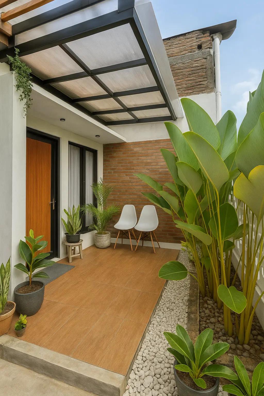 Model Teras Kanopi Baja Ringan Minimalis Modern Atap Transparan Doff