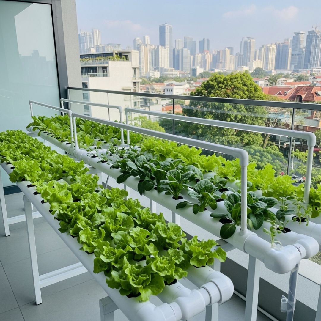 4. Sistem NFT (Nutrient Film Technique) di Balkon