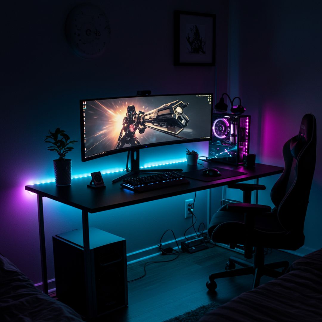 7. Meja Komputer Gaming RGB Modern