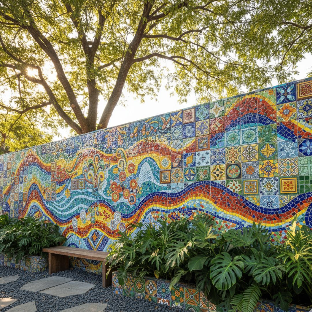 Dinding Taman Motif Mozaik atau Keramik