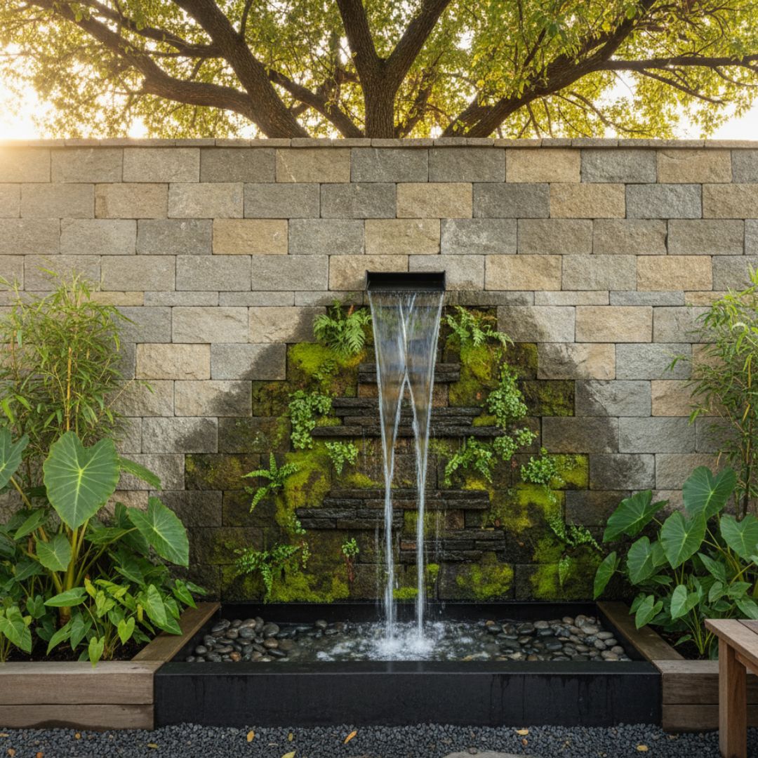 Dinding Taman Rumah dengan Air Terjun Mini