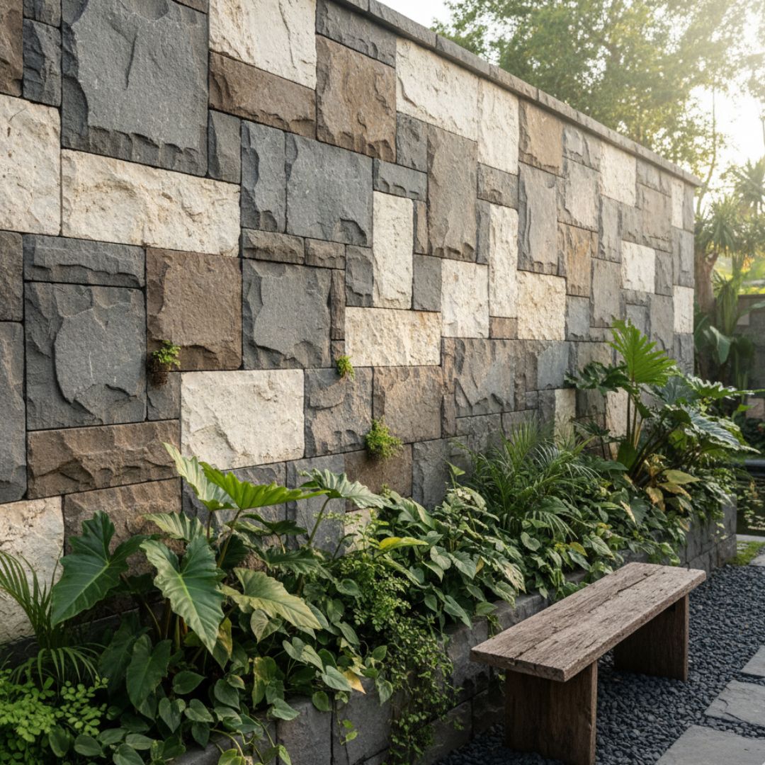 Dinding Taman Rumah dengan Batu Alam Bernuansa Natural