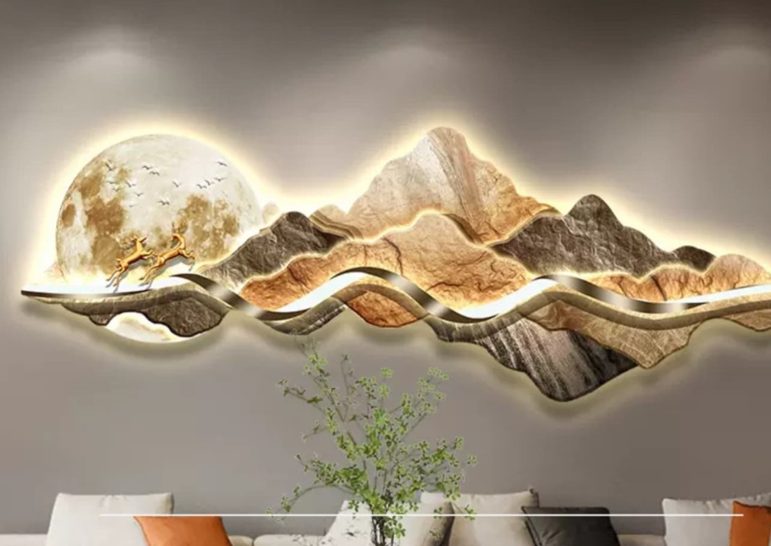 Hiasan Dinding Motif Pegunungan dan Bulan dengan Aksen LED