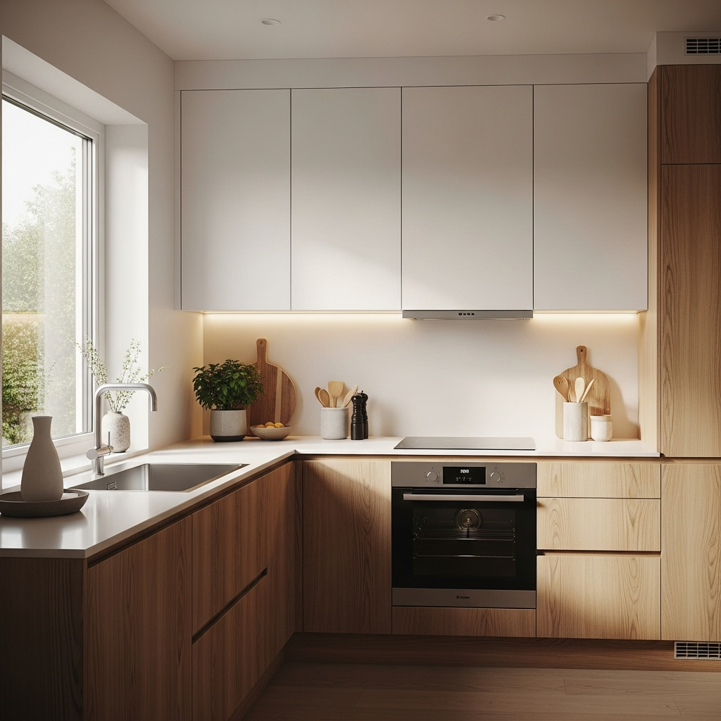 Lemari Dapur Minimalis Kombinasi Kayu dan Warna Putih