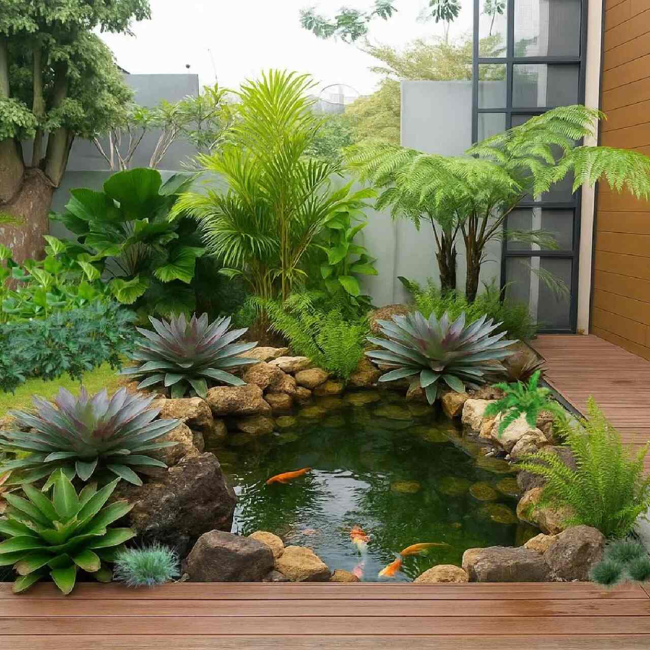 Taman Tropis dengan Kolam Ikan