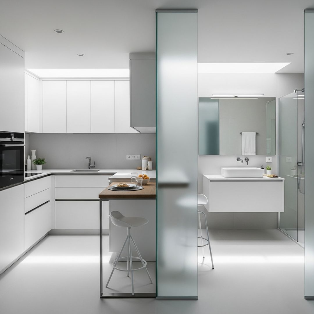 1. Desain Dapur dan Kamar Mandi Berdekatan dengan Sekat Kaca Buram