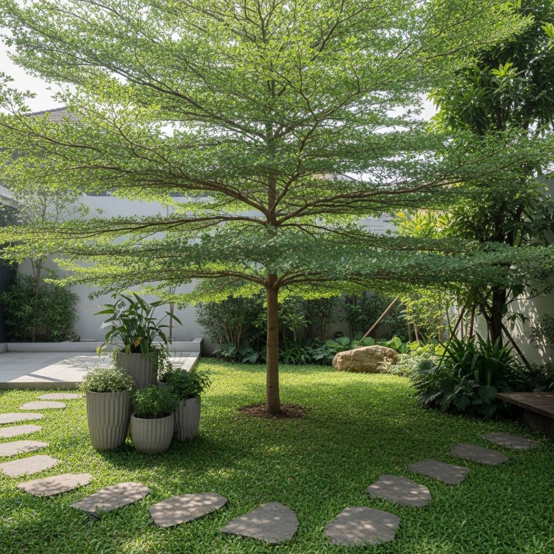 1. Taman Teduh Minimalis dengan Pohon Rindang