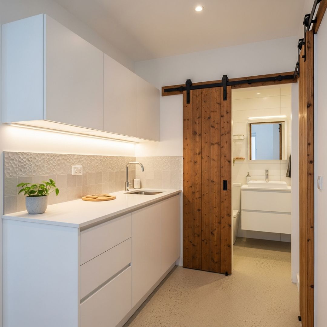 3. Desain Dapur dan Kamar Mandi dengan Pintu Geser Kayu