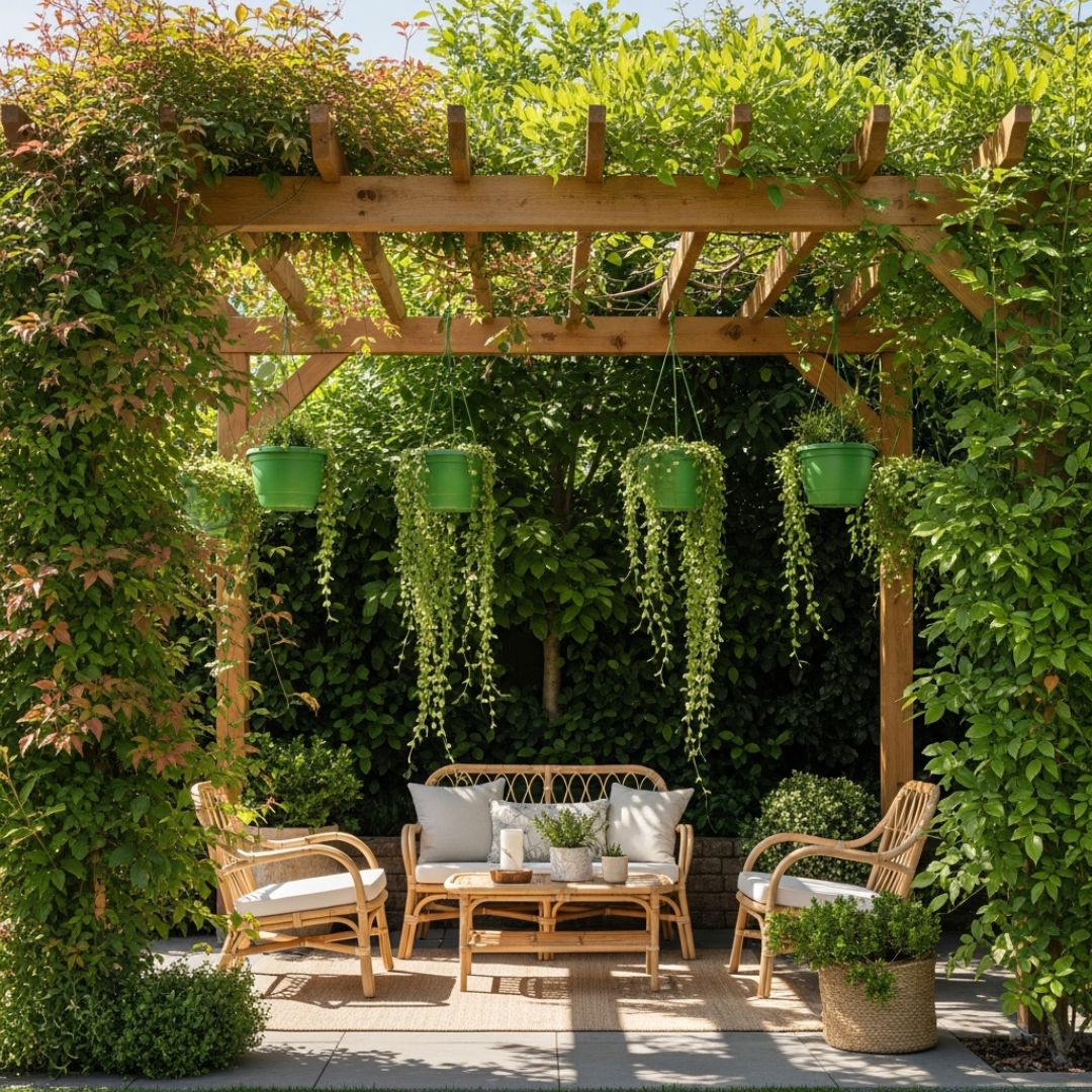 3. Taman Teduh dengan Pergola Kayu