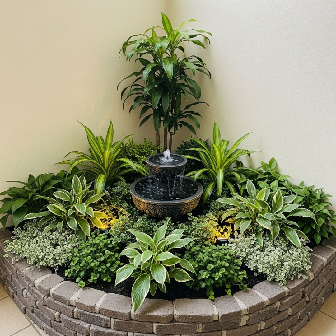 7. Kebun Mini dengan Air Mancur Kecil