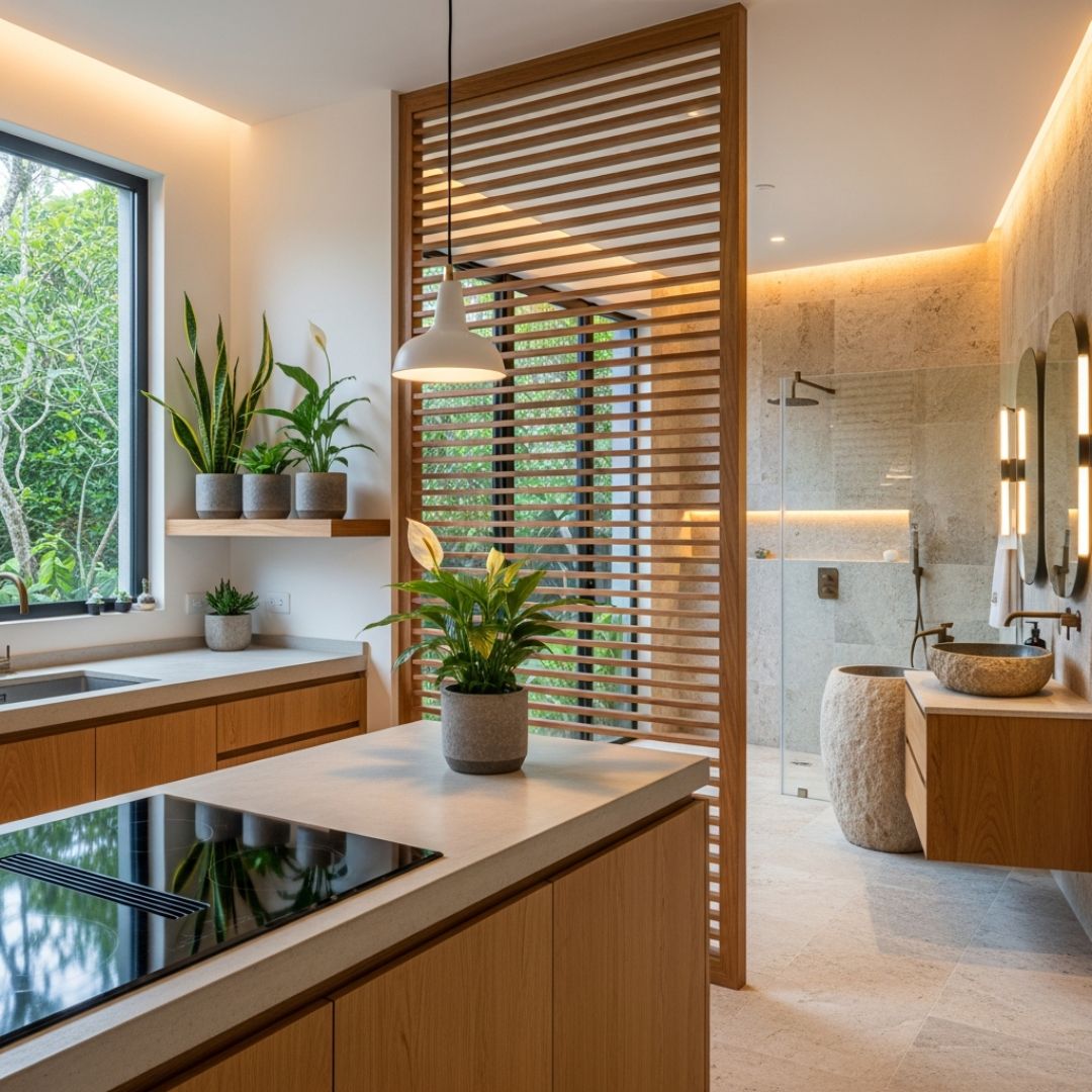 8. Desain Dapur dan Kamar Mandi Berdekatan dengan Nuansa Tropis Modern