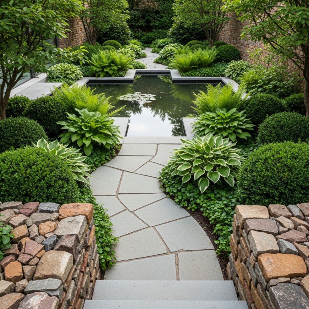 8. Taman Teduh Modern dengan Elemen Batu Alam