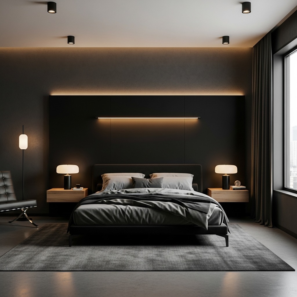 1. Kamar Tidur Maskulin dengan Palet Warna Gelap