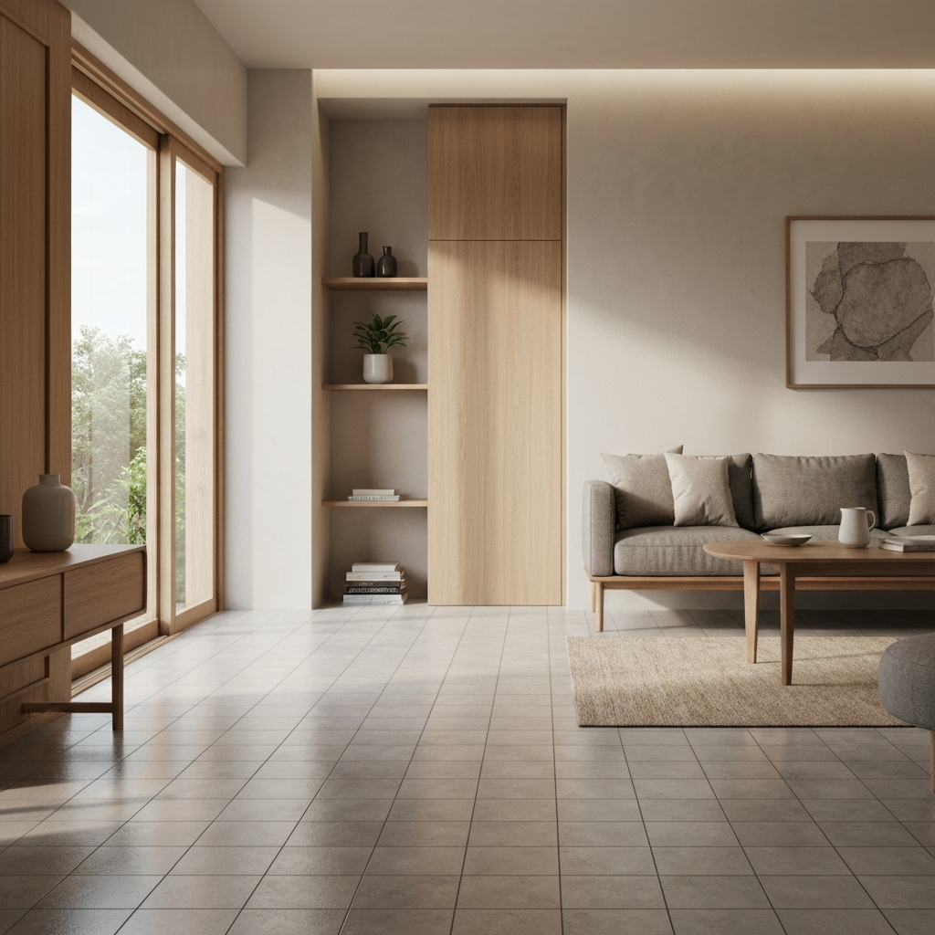 1. Ruang Tamu dengan Keramik Motif Kayu Natural