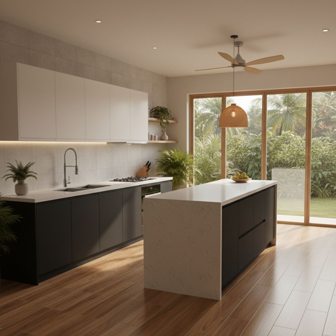 4. Dapur dengan Keramik Motif Kayu yang Fungsional