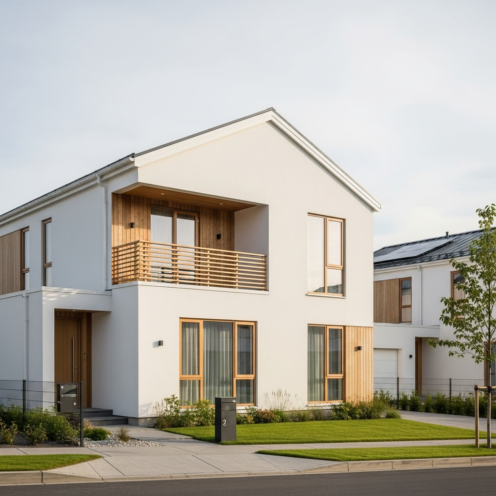 1. Fasad Scandinavian Putih dengan Aksen Kayu