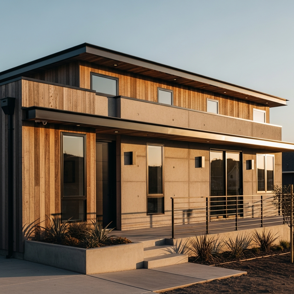 3. Fasad Industrial dengan Kayu Tua