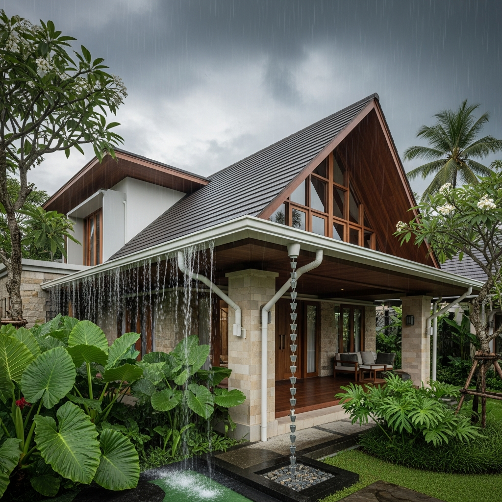 5. Rumah dengan Atap Miring dan Sistem Talang Efisien