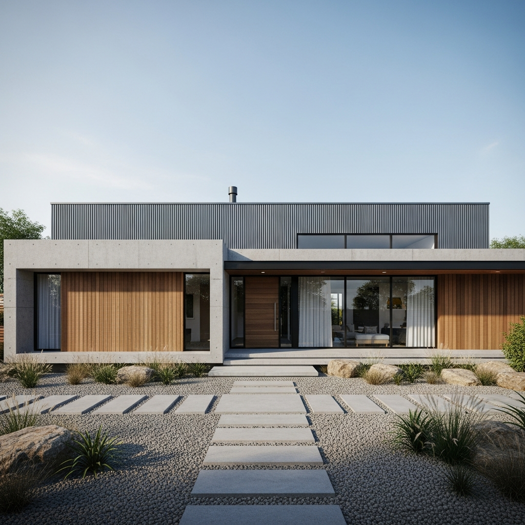 6. Fasad Industrial dengan Kombinasi Material