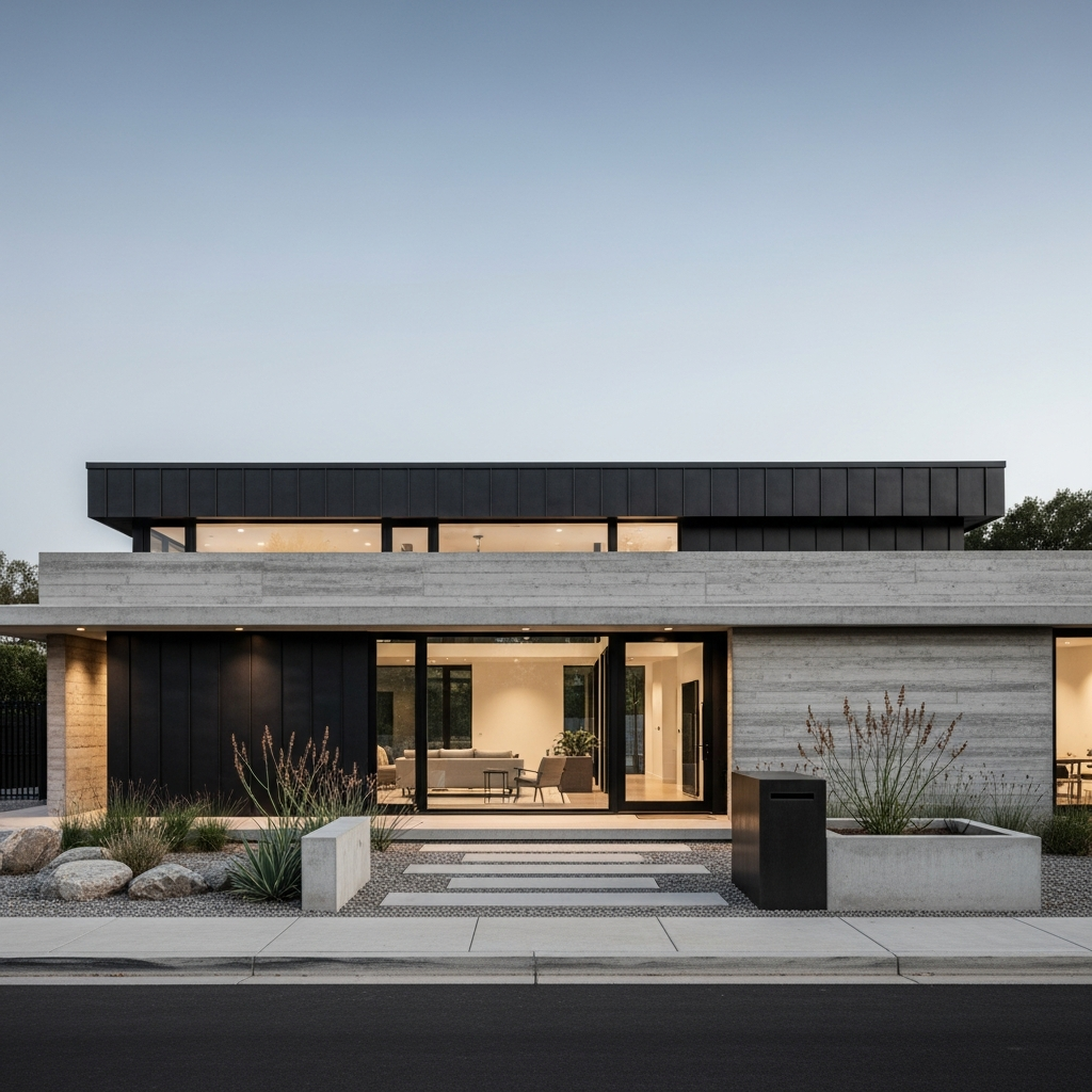 7. Fasad Industrial dengan Atap Datar