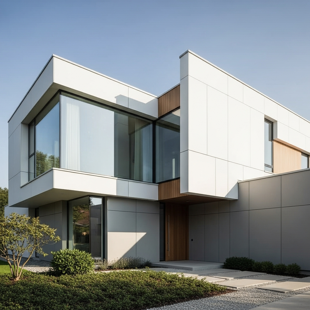 7. Fasad Scandinavian dengan Garis Geometris Tegas