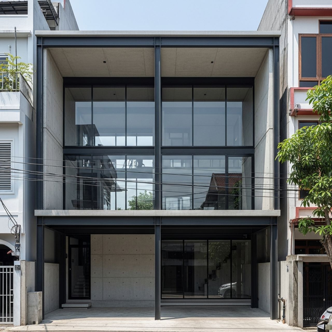 Fasad Industrial Modern dengan Kaca Lebar