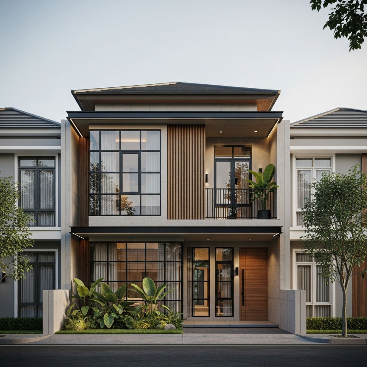 Fasad Industrial Tropis dengan Beton dan Kayu