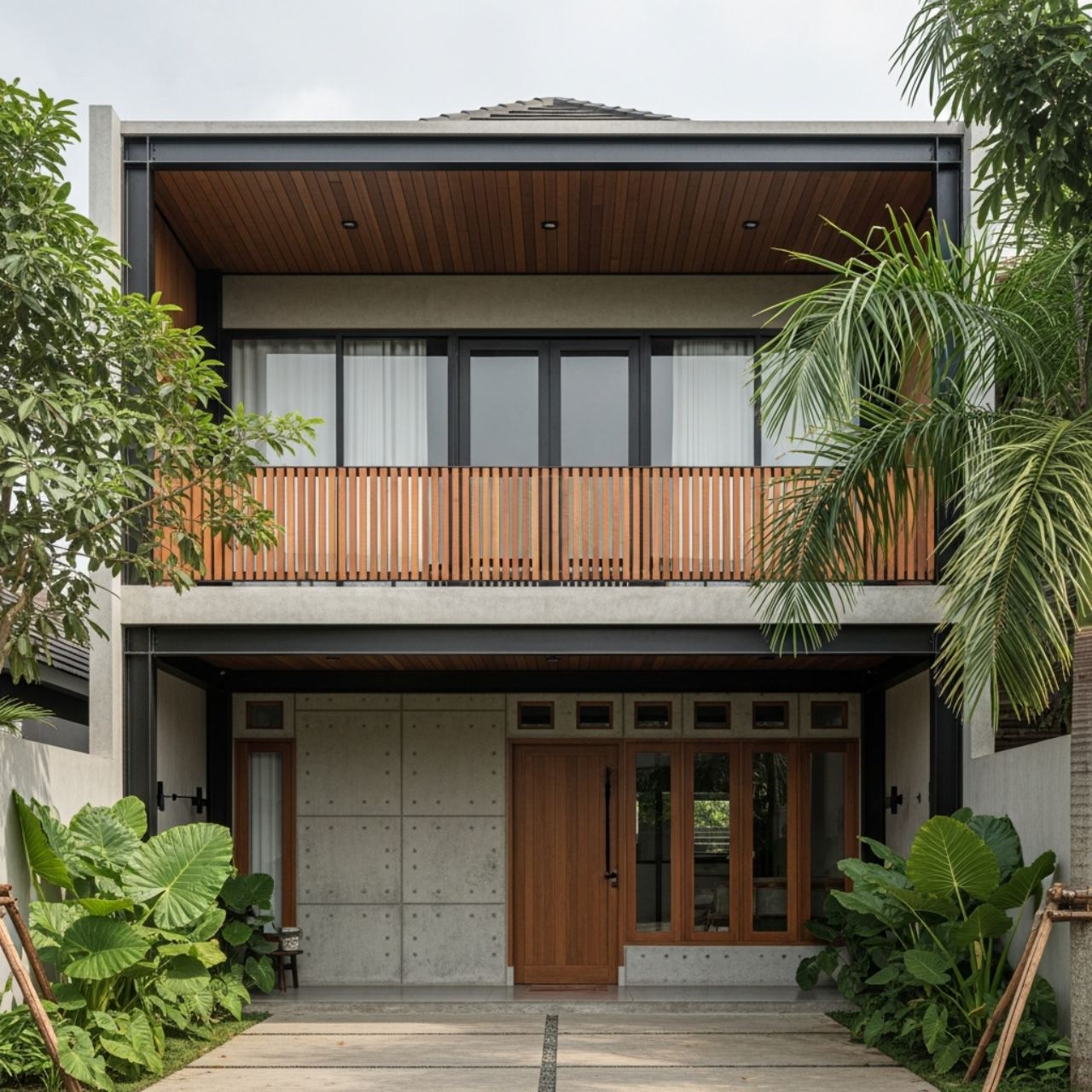 Fasad Industrial dengan Sentuhan Kayu Alami