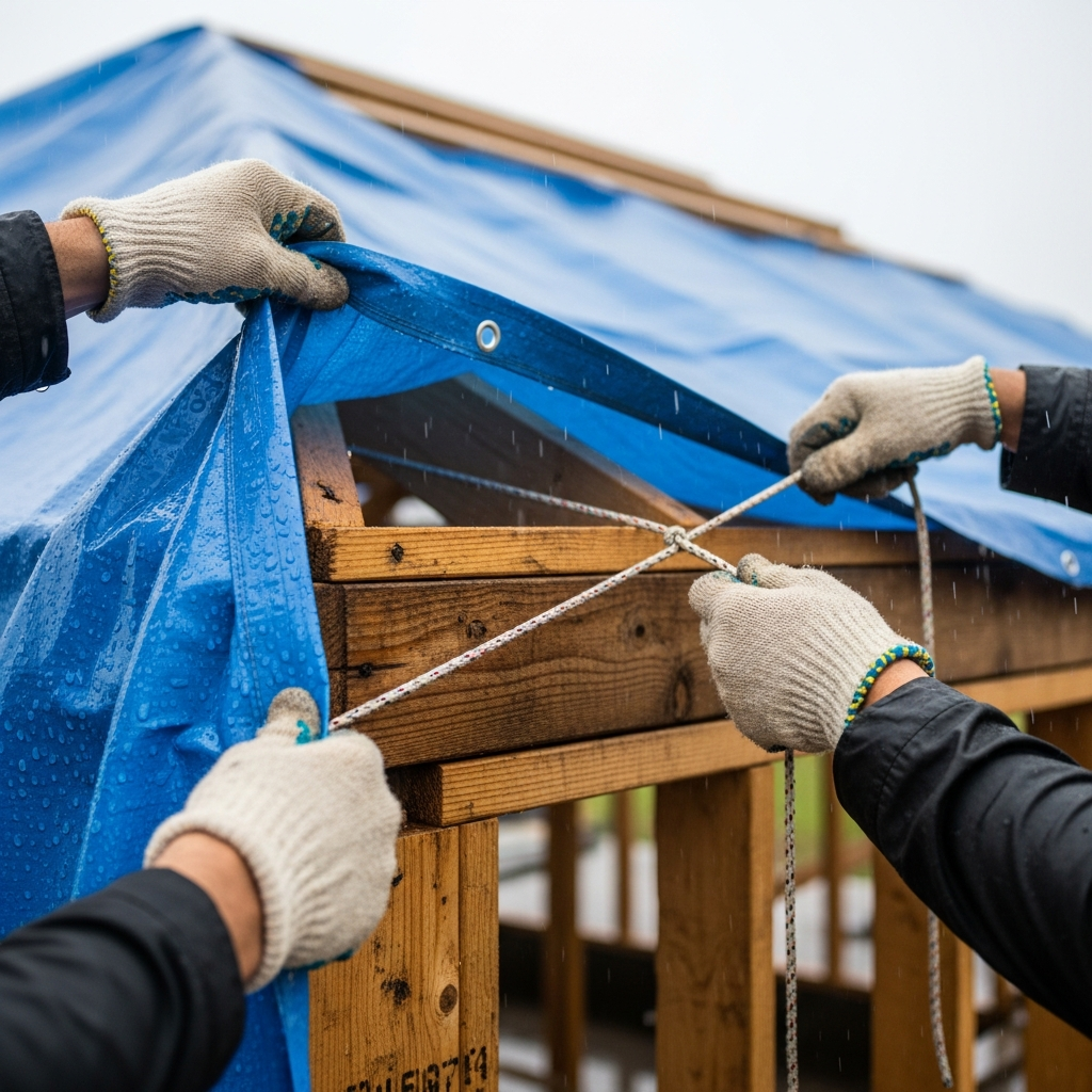 Para tukang sedang menutup bagian rumah menggunakan terpal