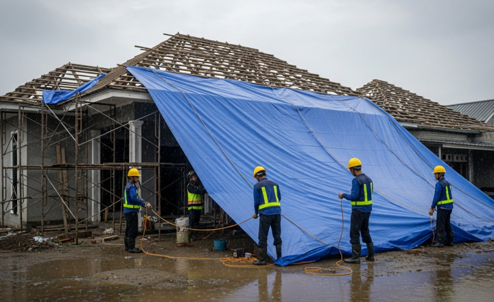 Para tukang sedang menutup bagian rumah yang sedang direnovasi menggunakan terpal