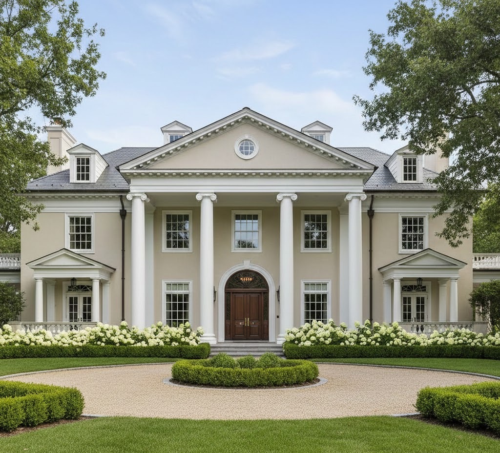 1. Fasad Simetris dengan Pilar Tinggi