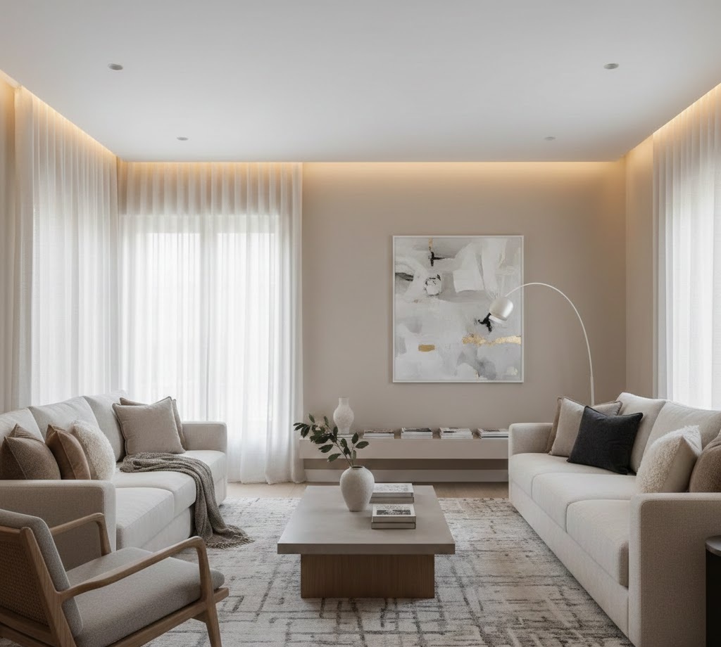 1. Ruang Tamu Elegan dengan Palet Warna Netral