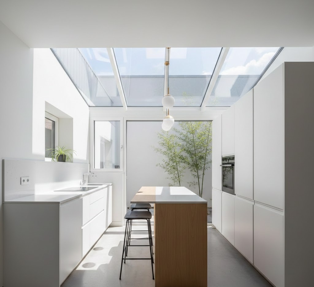 2. Dapur Semi Terbuka dengan Atap Transparan