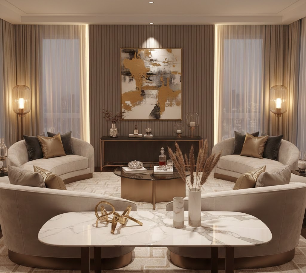 2. Ruang Tamu dengan Aksen Material Premium