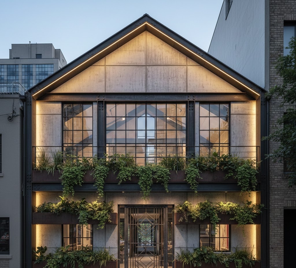 3. Fasad Industrial dengan Ekspos Material