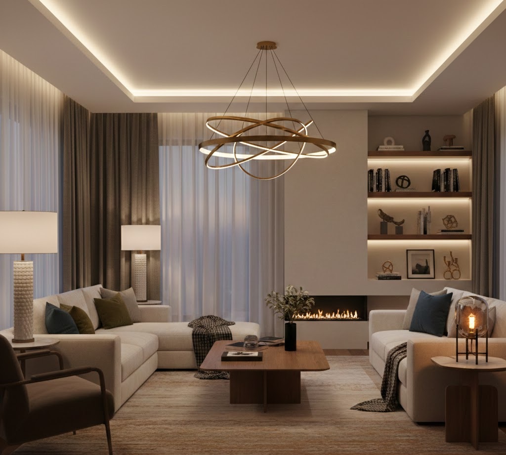 3. Ruang Tamu dengan Pencahayaan Berlapis