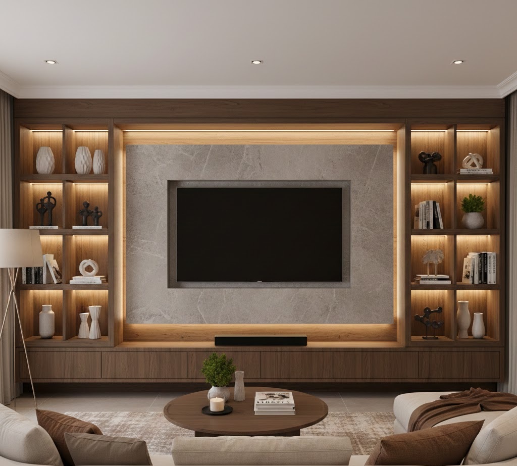 3. Wall Panel dengan Rak Terintegrasi