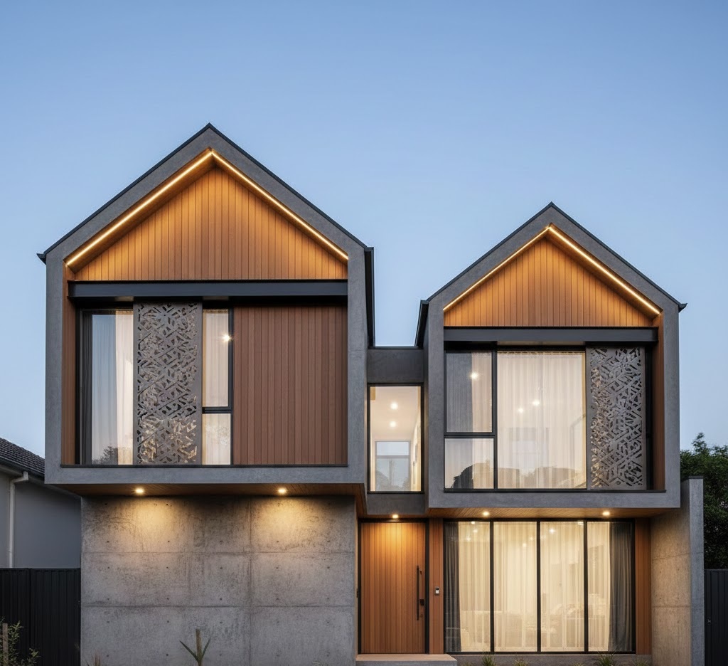 5. Fasad Kontemporer dengan Permainan Volume