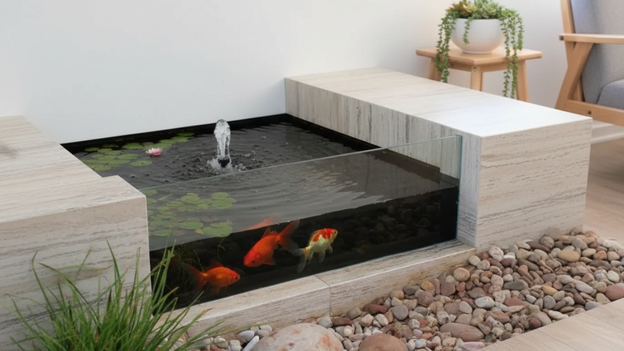 desain kolam ikan di ruang tamu