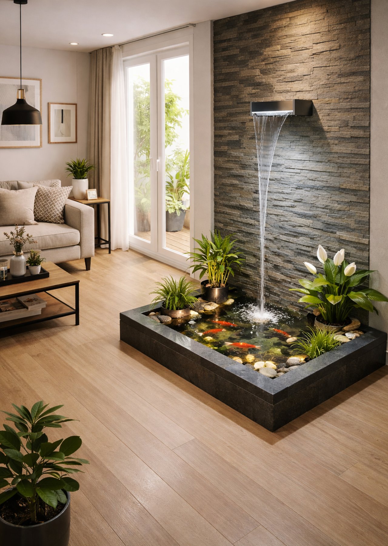 desain kolam ikan di ruang tamu