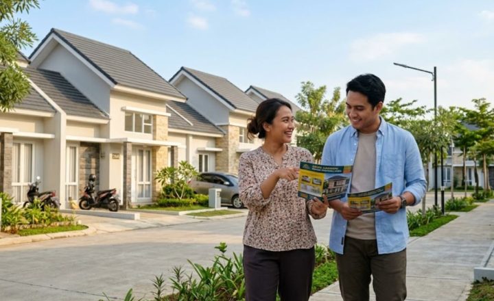 Pasangan muda sedang melihat brosur DP rumah 50 jutaan