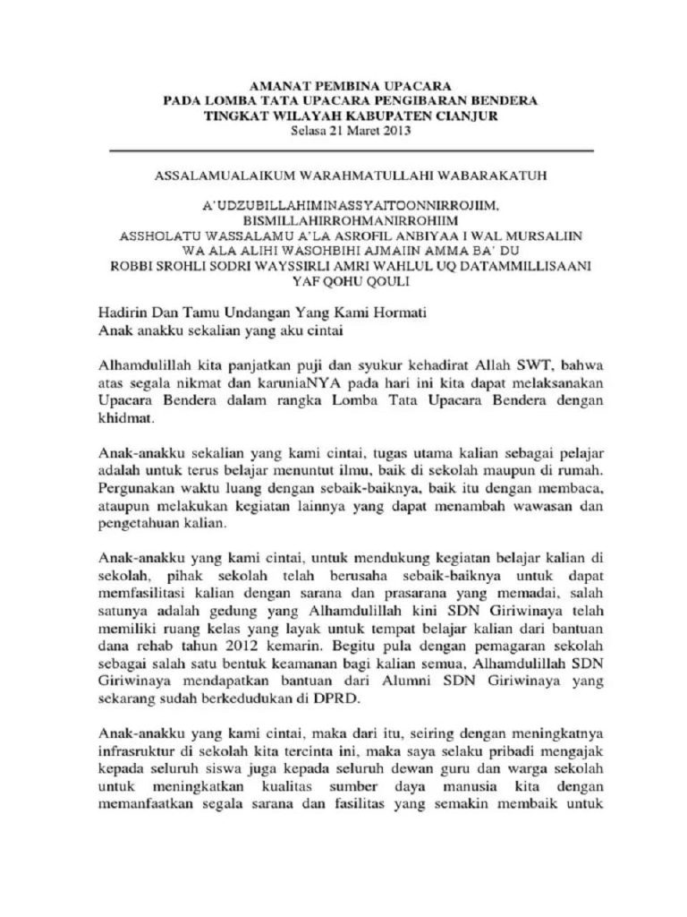 15 Contoh Amanat Pembina Upacara yang Singkat dan Jelas