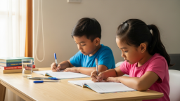 Anak sekolah sedang mengerjakan laporan kegiatan liburan