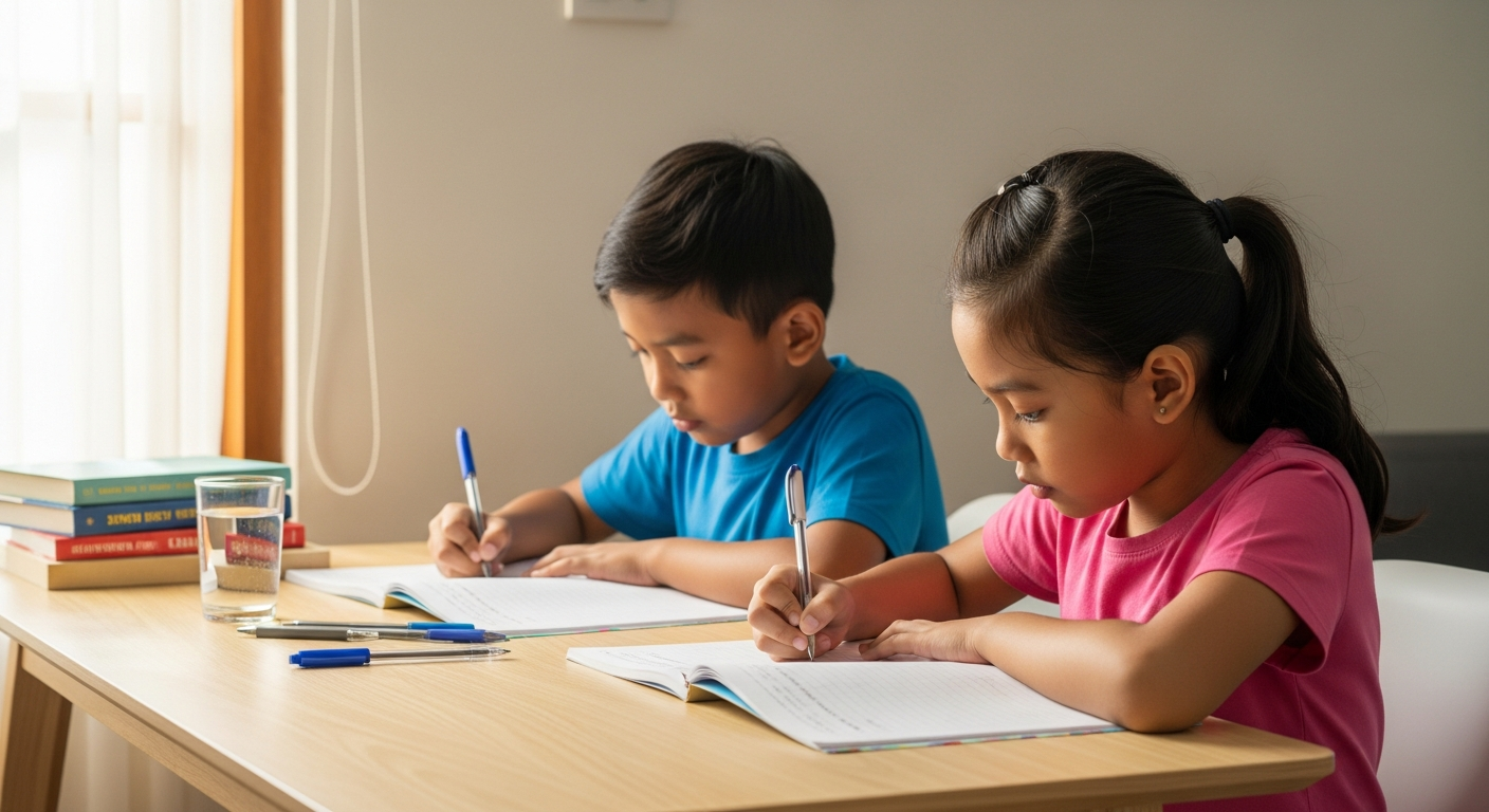 Anak sekolah sedang mengerjakan laporan kegiatan liburan