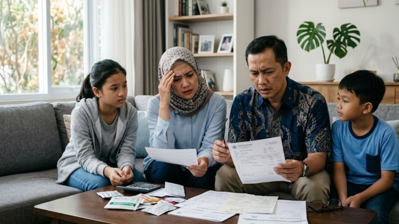 Keluarga sedang melihat tagihan biaya medis yang mahal